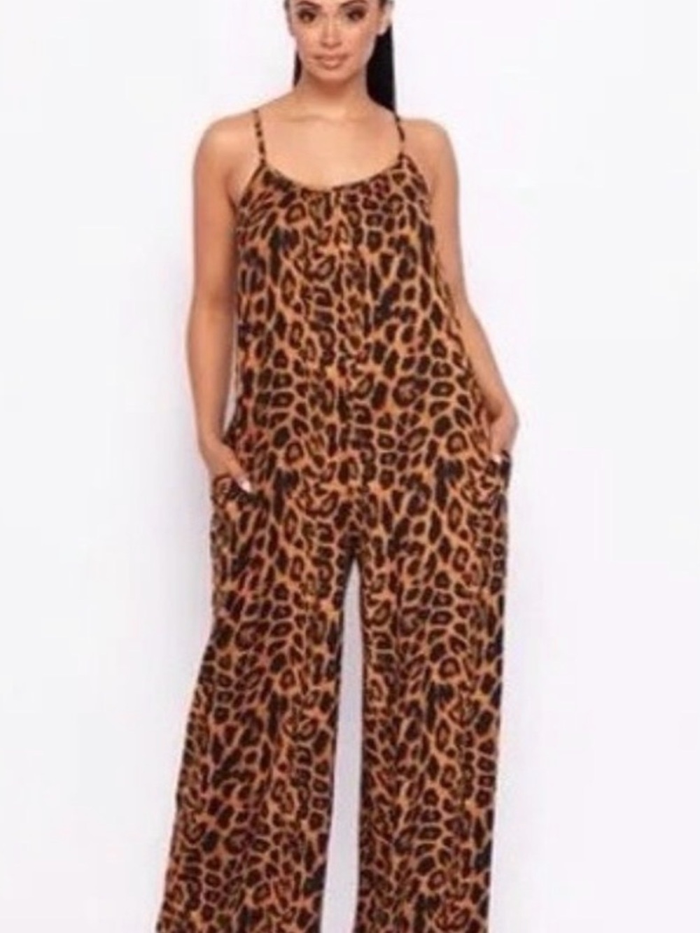 Leopard Print Wide Leg Jumpsuit Sleeveless Spaghetti Strap Animal Print